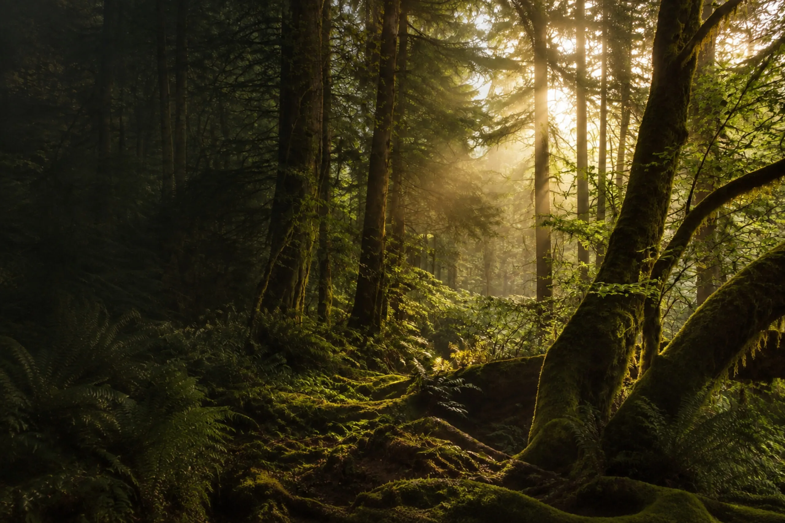 Sunlight filtering through dense tree foliage onto mossy roots in a forest