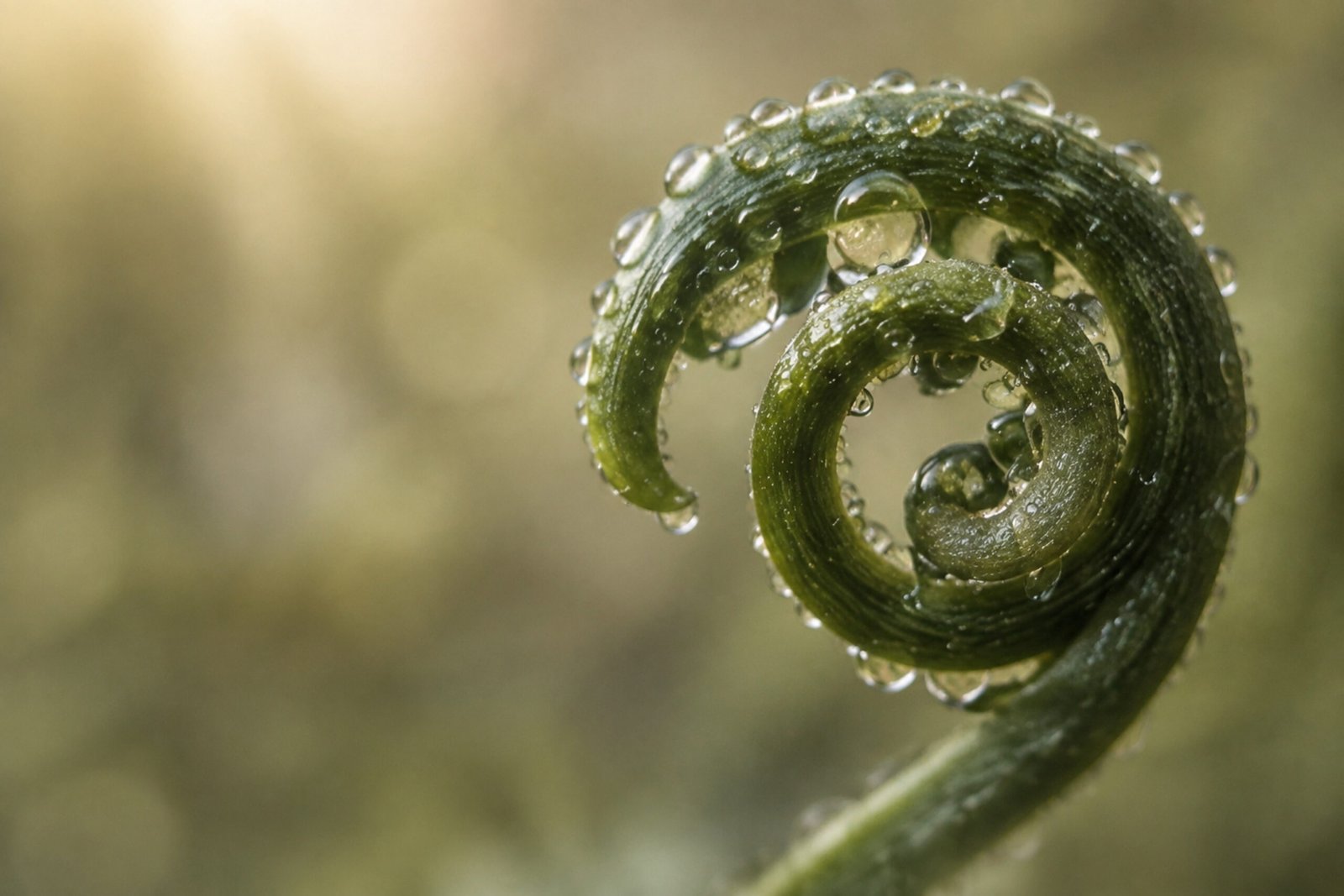 A tightly unfurling fern frond covered in dew.