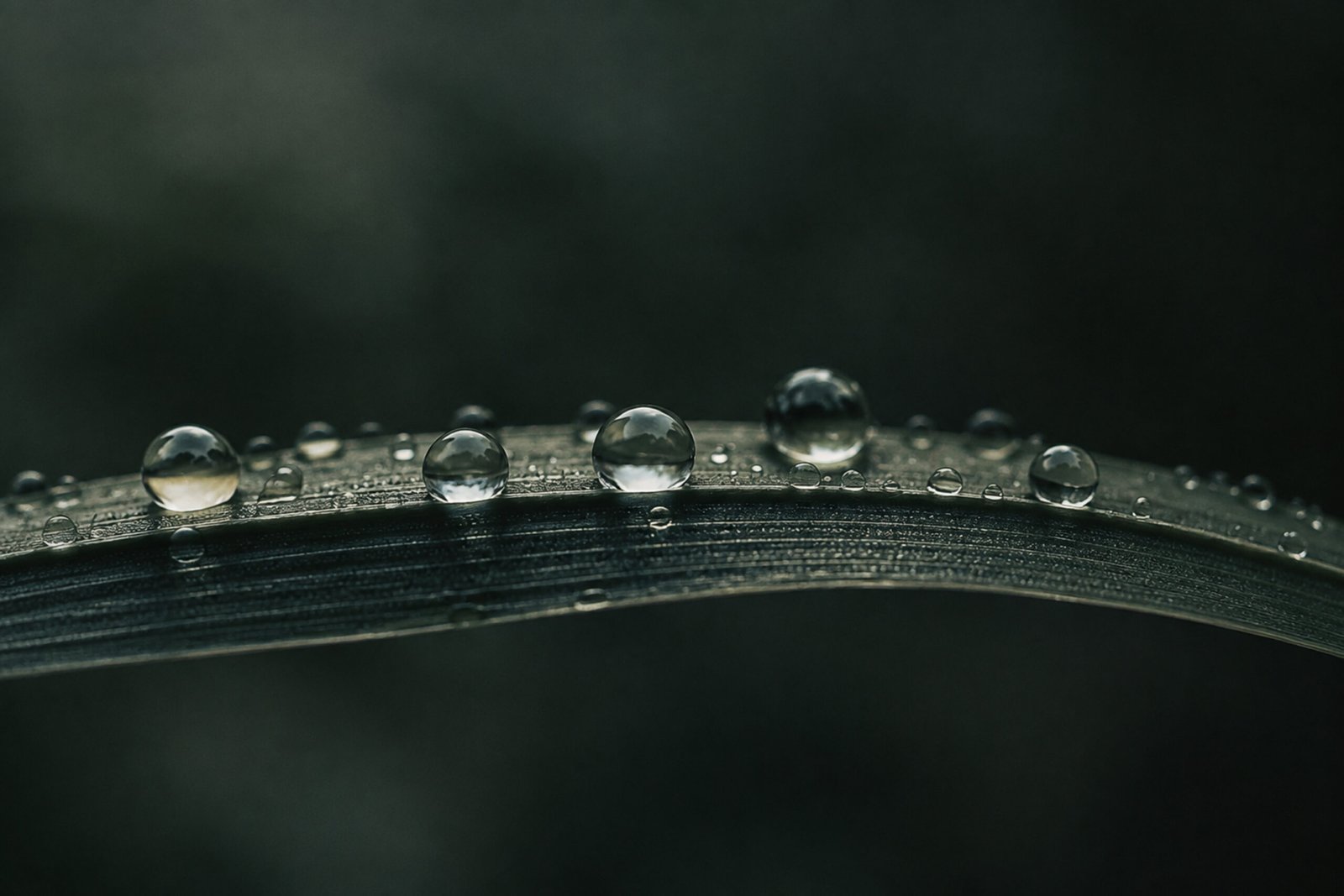 Water droplets balanced along a dark curved blade.