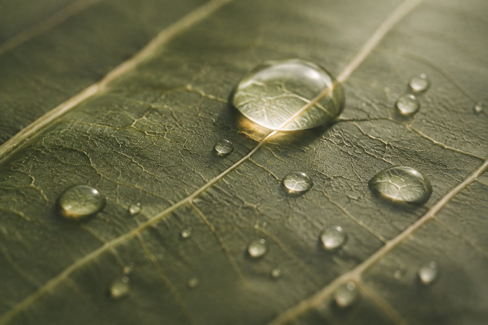 Water droplets resting on a green leaf.