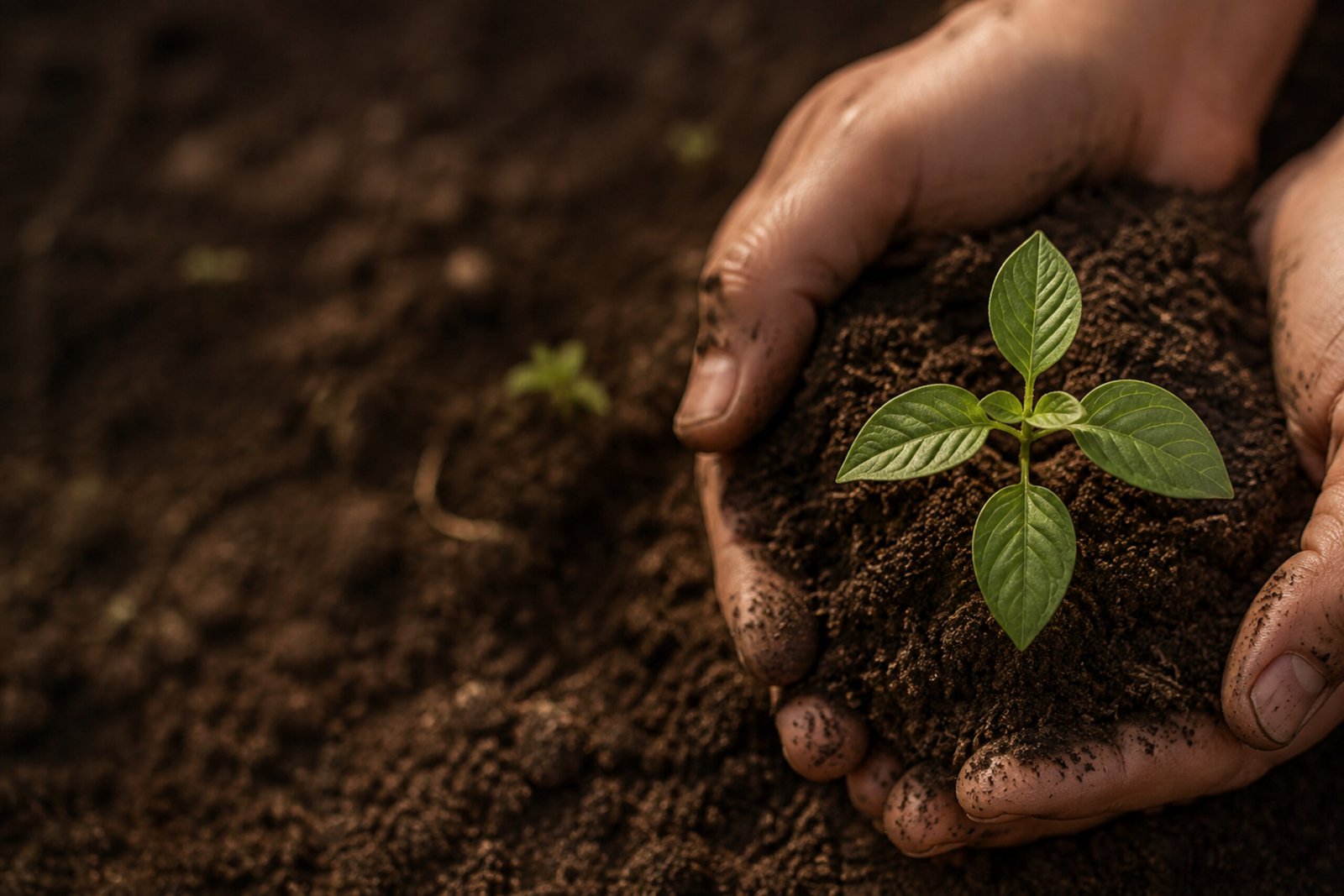 A young plant held in living soil.
