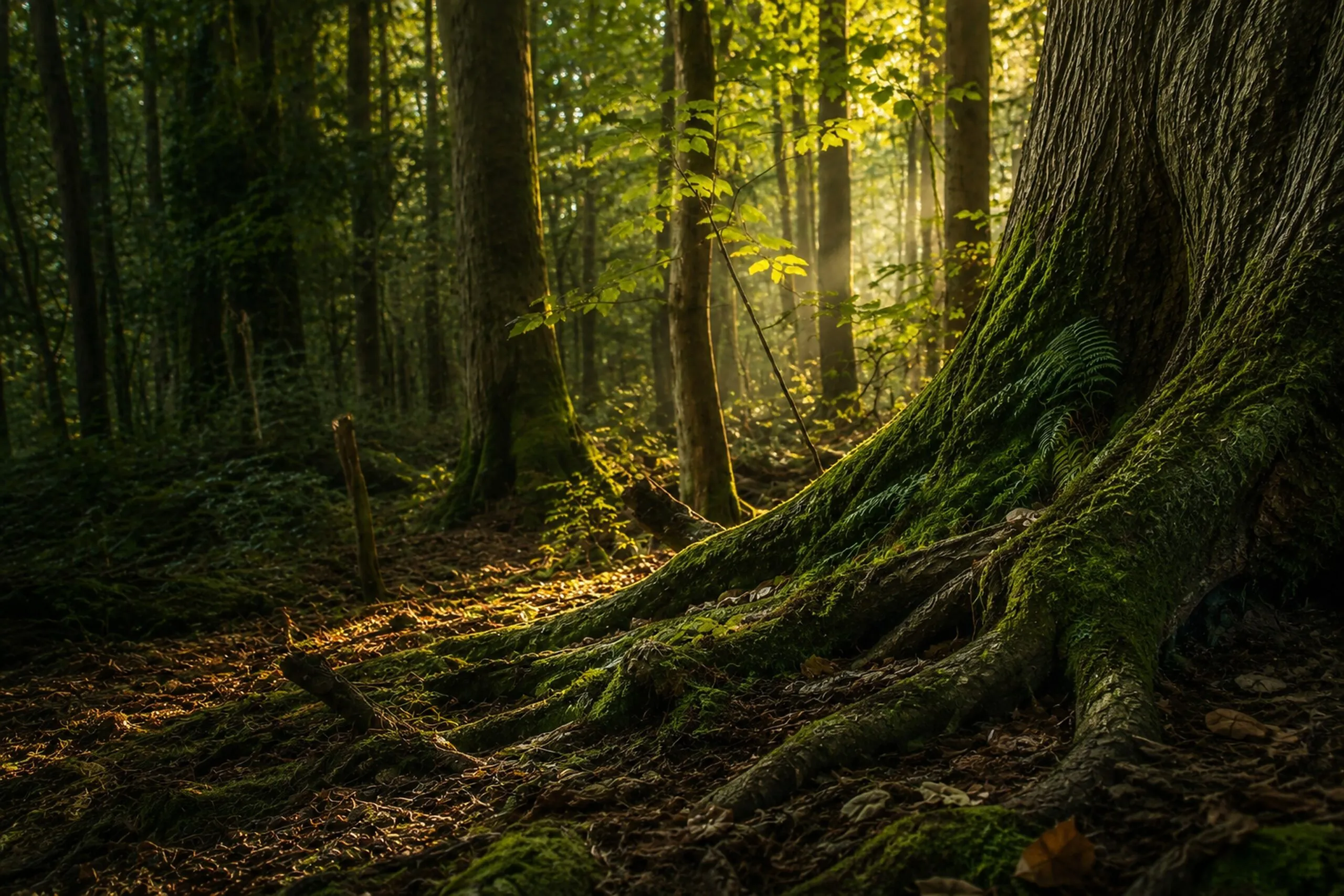 Sunlight filtering through dense trees onto a moss-covered tree root in a serene forest