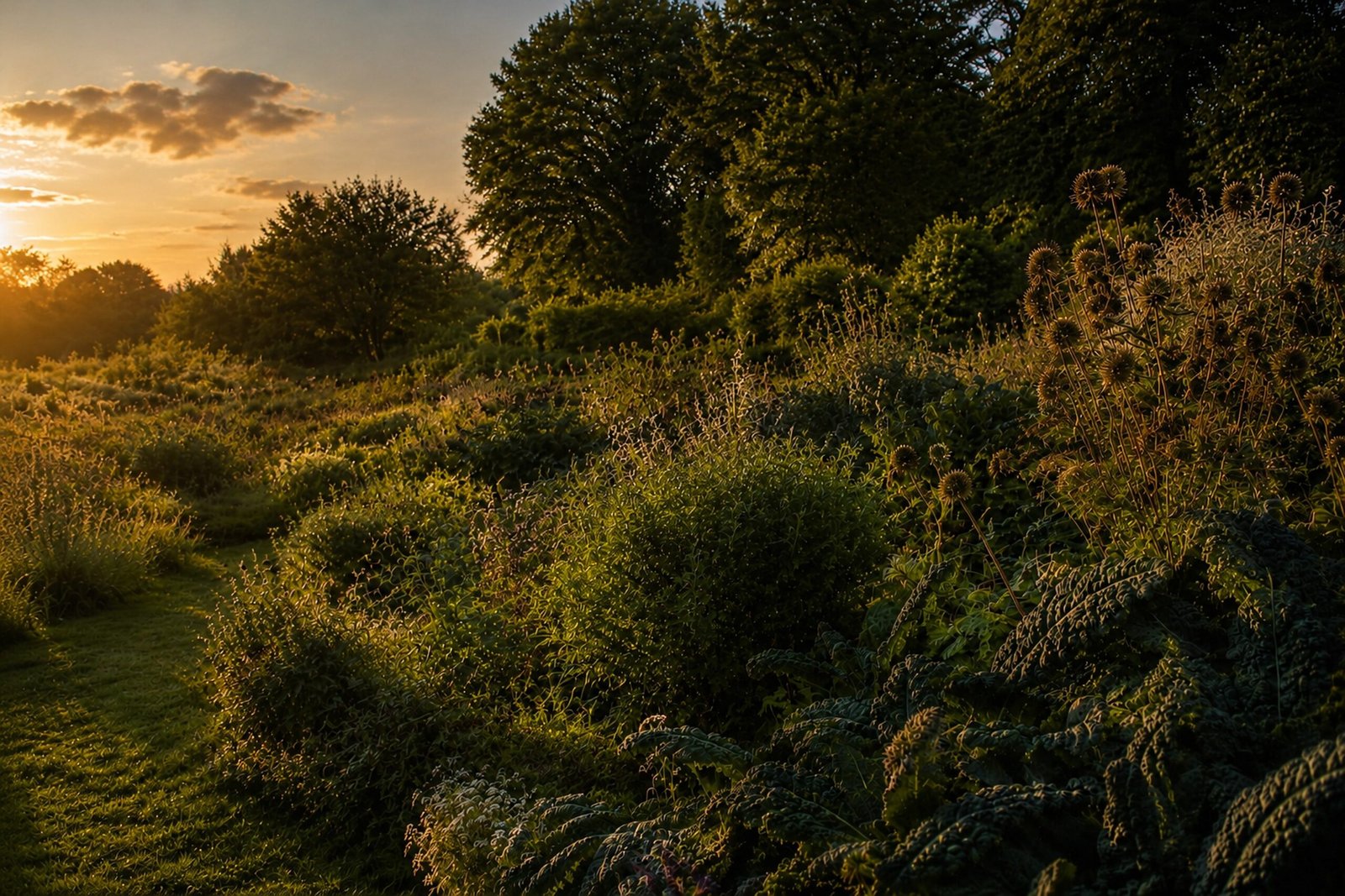 A regenerative garden in warm evening light.