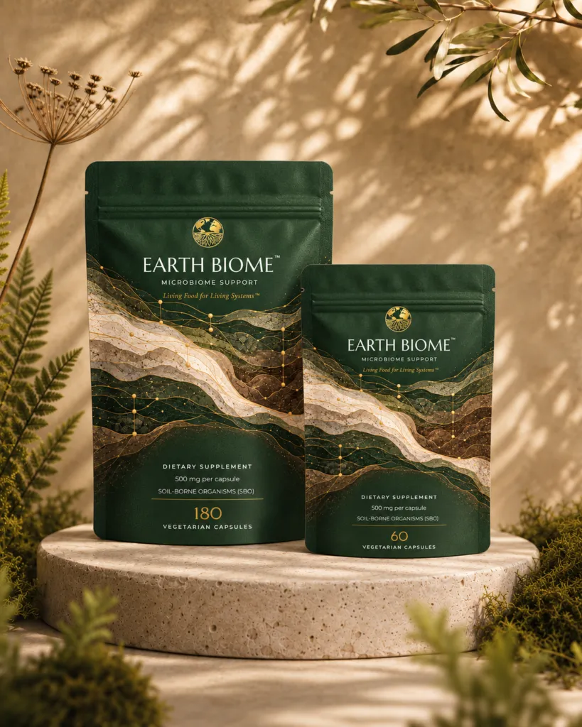 Earth Biome dietary supplement pouches—a 180-capsule stand-up pouch and a 60-capsule pouch—displayed on a round, speckled stone plinth with natural shadows, dried flower heads, and green fern foliage in the background.
