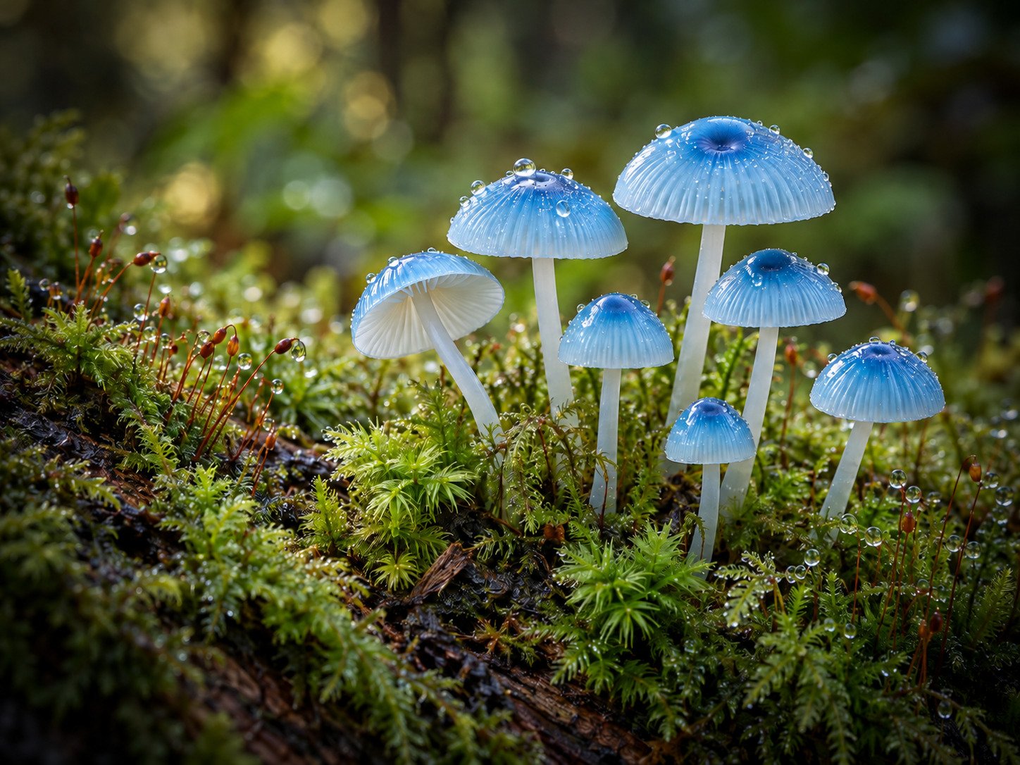 Blue mushrooms rising from dew-covered moss.