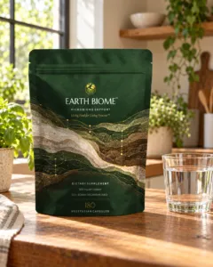 Earth Biome pouch on a wooden kitchen table beside a glass of water