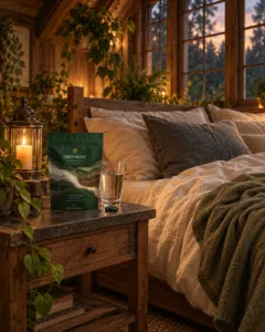 Earth Biome pouch and a glass of water on a bedside table in a cozy bedroom